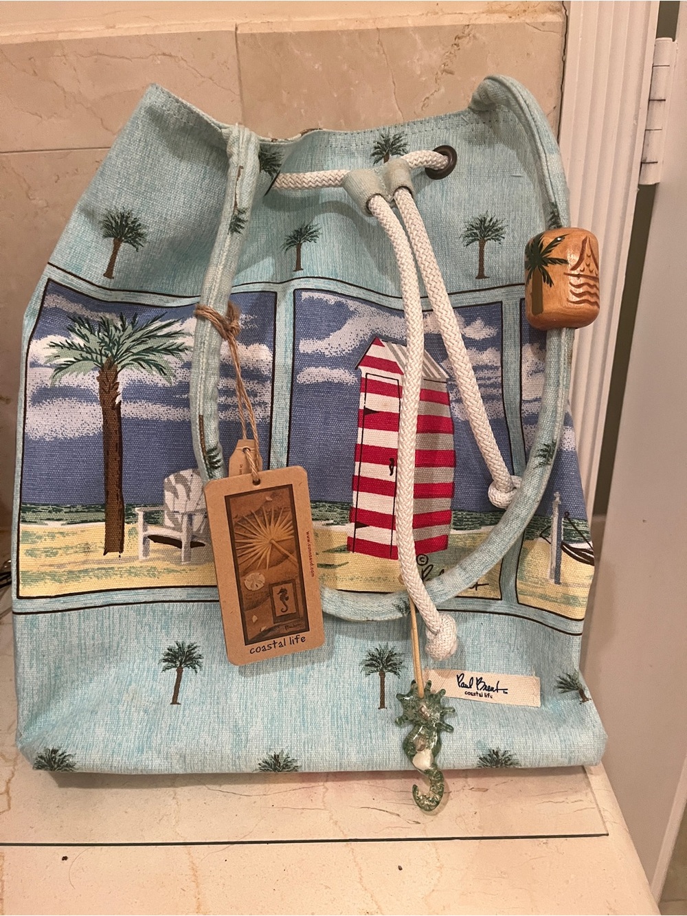 Coastal Life Light Blue Beach Drawstring Tote Bag